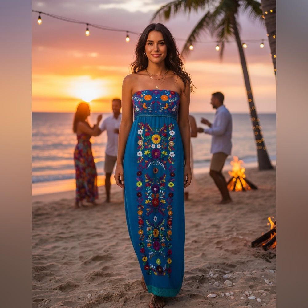 Sara Mexican Strapless Teal Dress